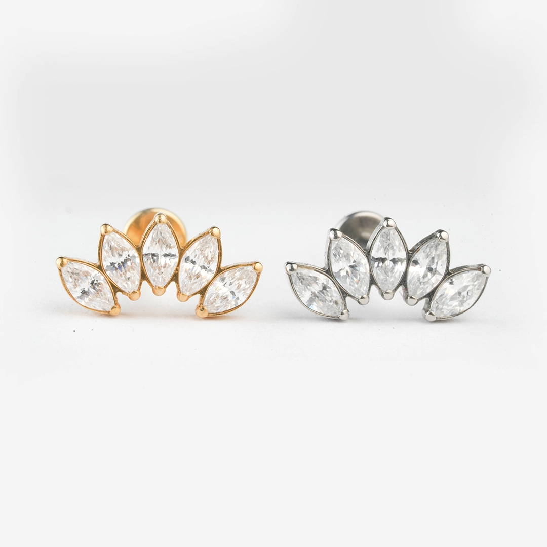 Five marquise crown zircon ASTM F-136 titanium flat-back labret studs in golden and silver