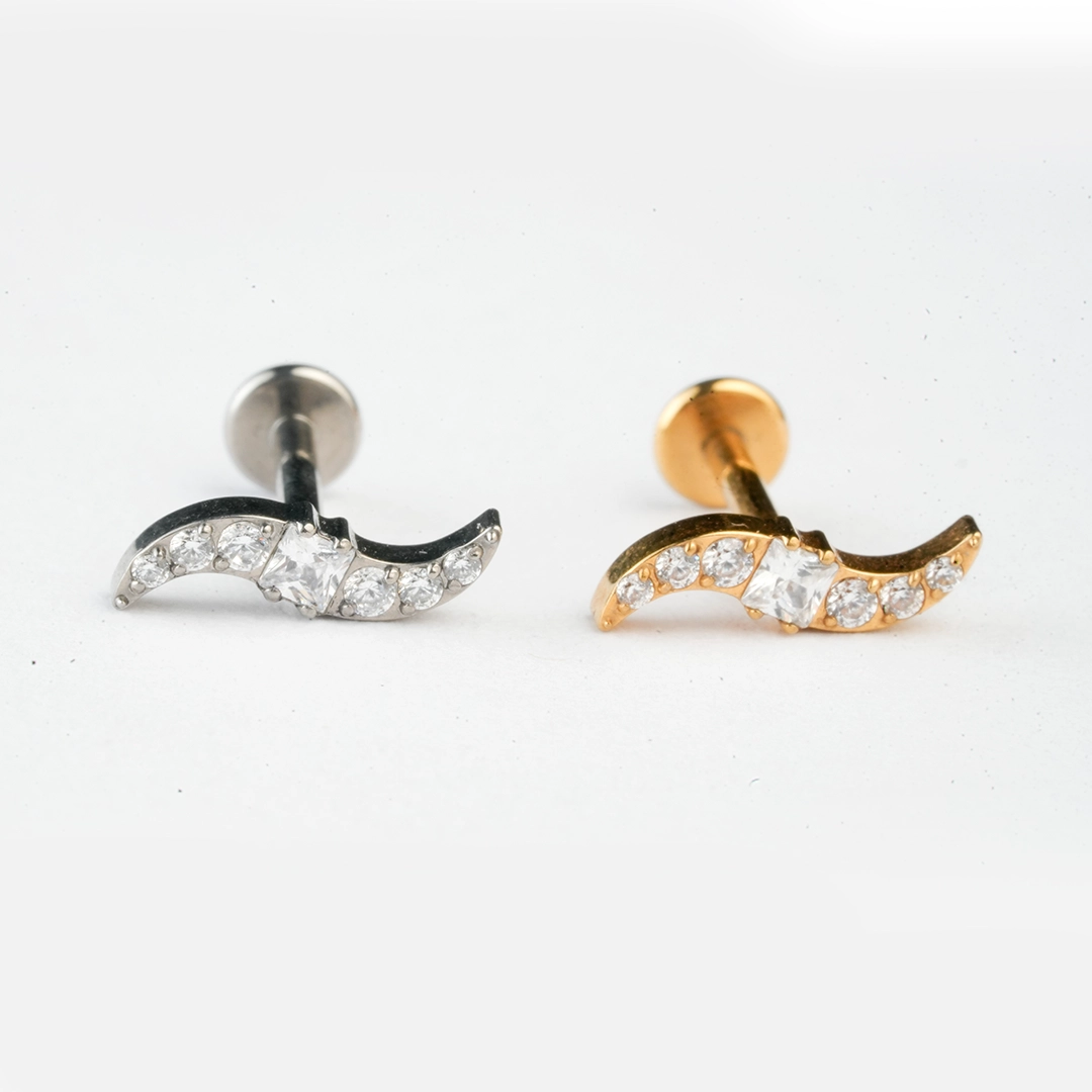 Curved square-centre zircon ASTM F-136 titanium labret studs in golden and silver