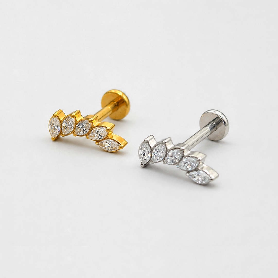 Golden and silver five marquise zircon curved leaf ASTM F-136 titanium flat-back labret studs