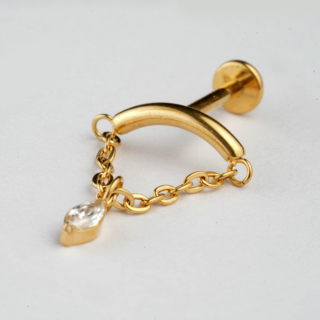 Golden and silver curved bar chain dangle zircon ASTM F-136 titanium flat-back labret studs