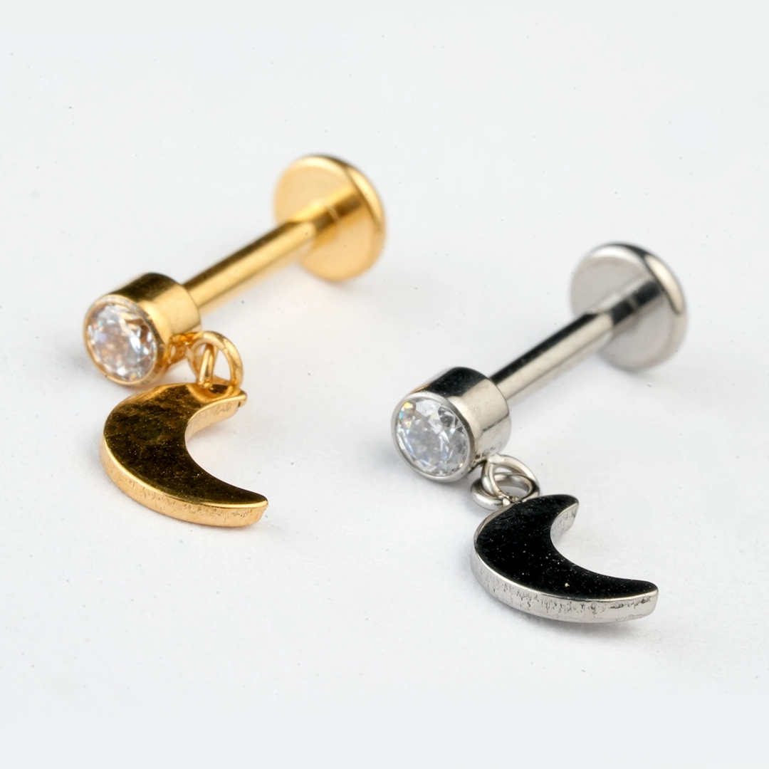 Crescent moon dangle zircon ASTM F-136 titanium labret studs in golden and silver