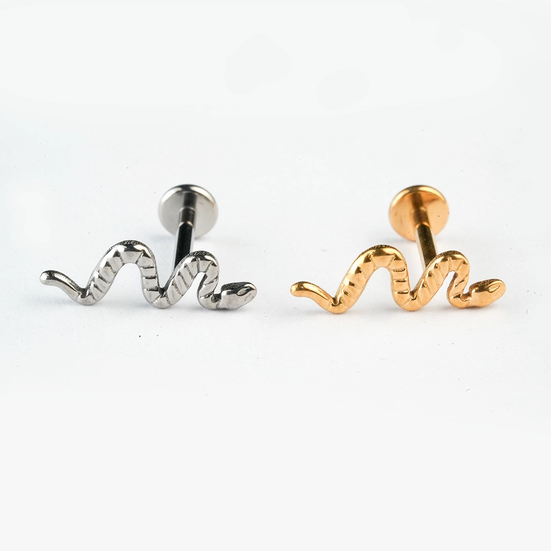 Textured snake ASTM F-136 titanium flat-back labret studs in golden and silver