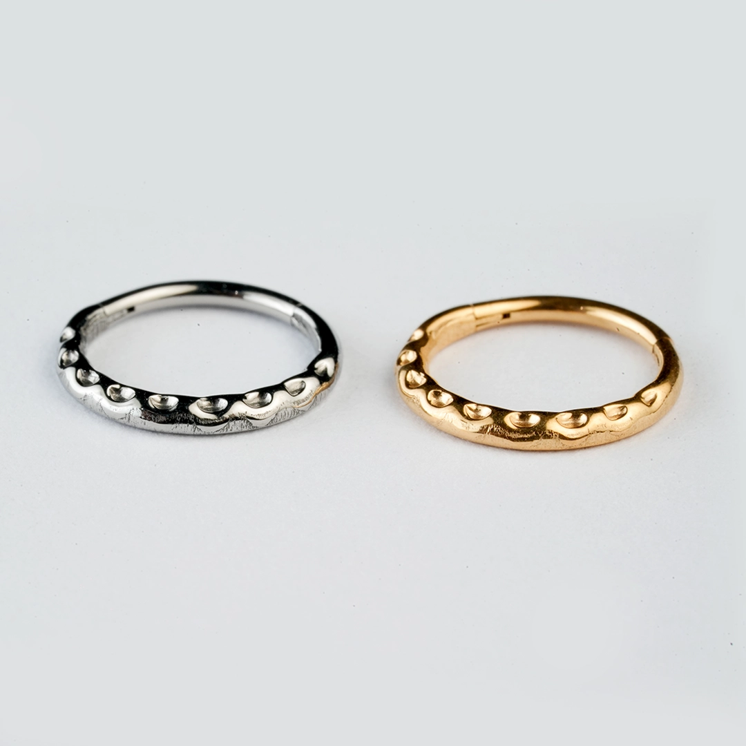 Golden and silver beaded-edge ASTM F-136 titanium hinged segment rings