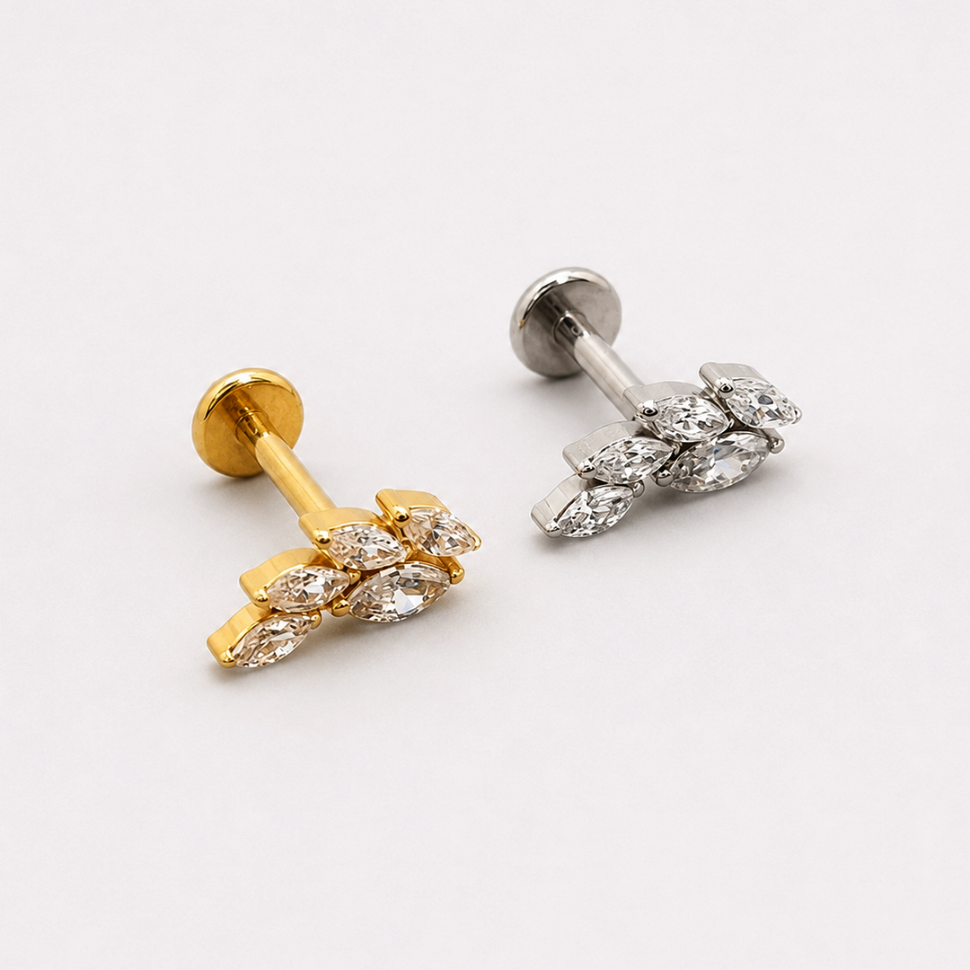 Golden and silver five-leaf marquise zircon ASTM F-136 titanium flat-back labret studs