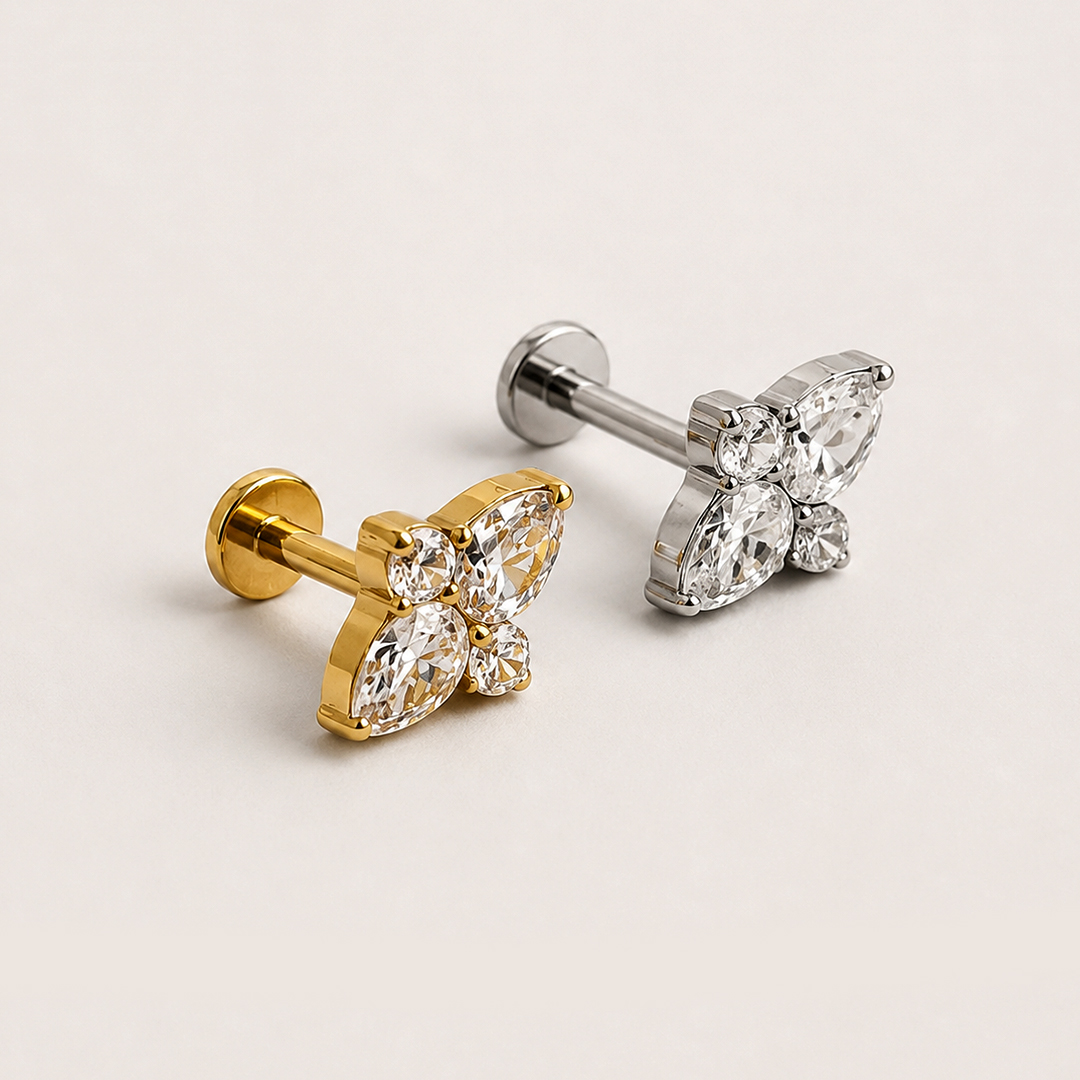 Golden and silver four-stone butterfly zircon ASTM F-136 titanium flat-back labret studs
