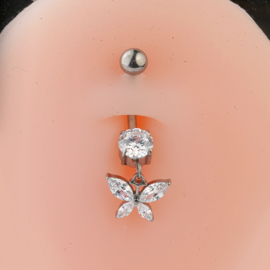 Butterfly dangle zircon ASTM F-136 titanium navel barbell in golden and silver