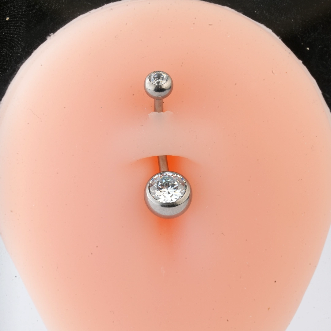 Double bezel zircon ASTM F-136 titanium navel barbell in golden and silver