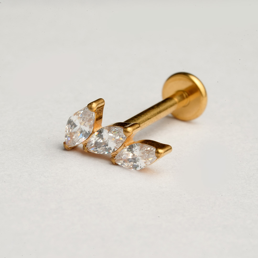 Golden triple marquise zircon leaf ASTM F-136 titanium flat-back labret studs