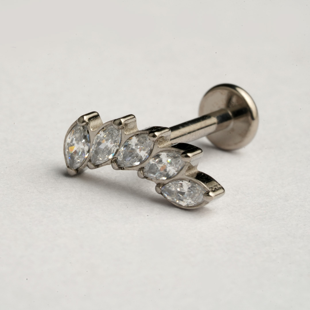 Silver five marquise zircon curved leaf ASTM F-136 titanium flat-back labret studs