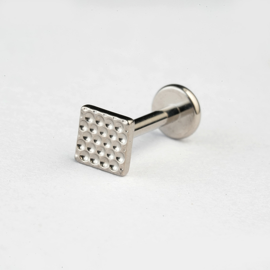 Silver textured square ASTM F-136 titanium flat-back labret stud
