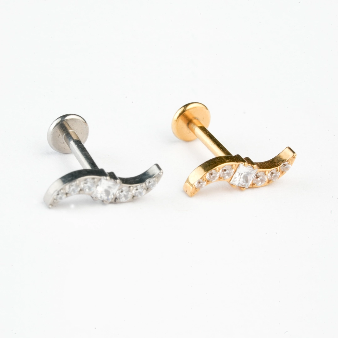 Curved square-centre zircon ASTM F-136 titanium labret studs in golden and silver