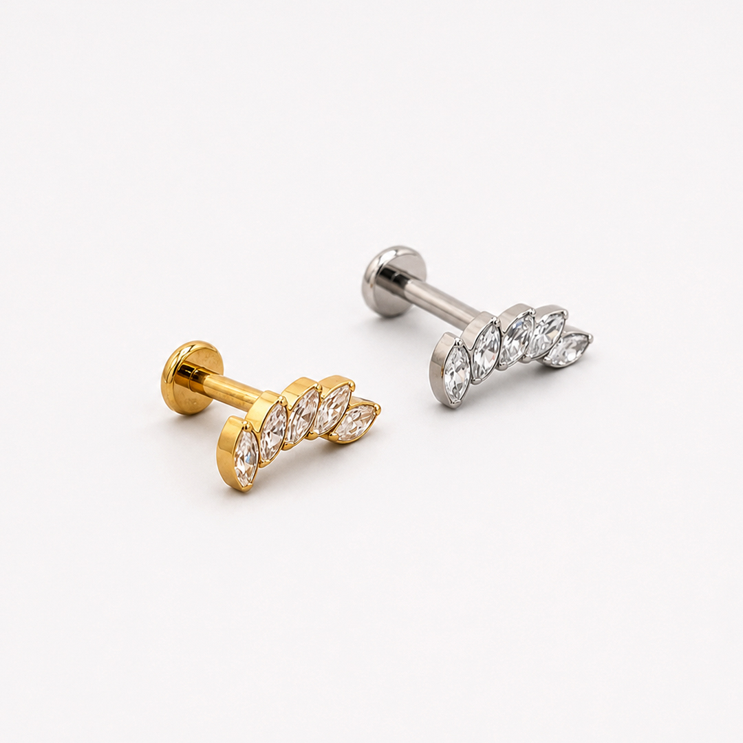 Golden and silver five marquise zircon curved leaf ASTM F-136 titanium flat-back labret studs