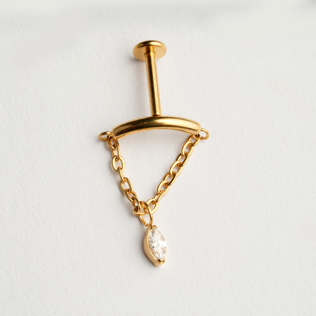 Golden and silver curved bar chain dangle zircon ASTM F-136 titanium flat-back labret studs