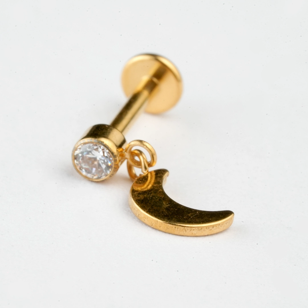 Crescent moon dangle zircon ASTM F-136 titanium labret studs in golden