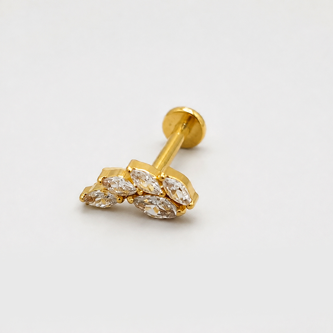 Golden five-leaf marquise zircon ASTM F-136 titanium flat-back labret studs