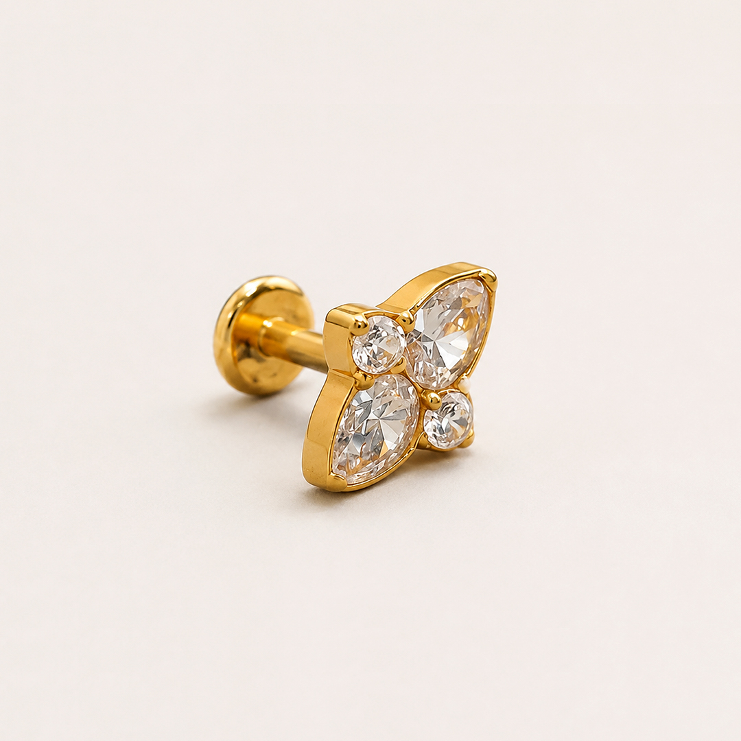 Golden four-stone butterfly zircon ASTM F-136 titanium flat-back labret studs