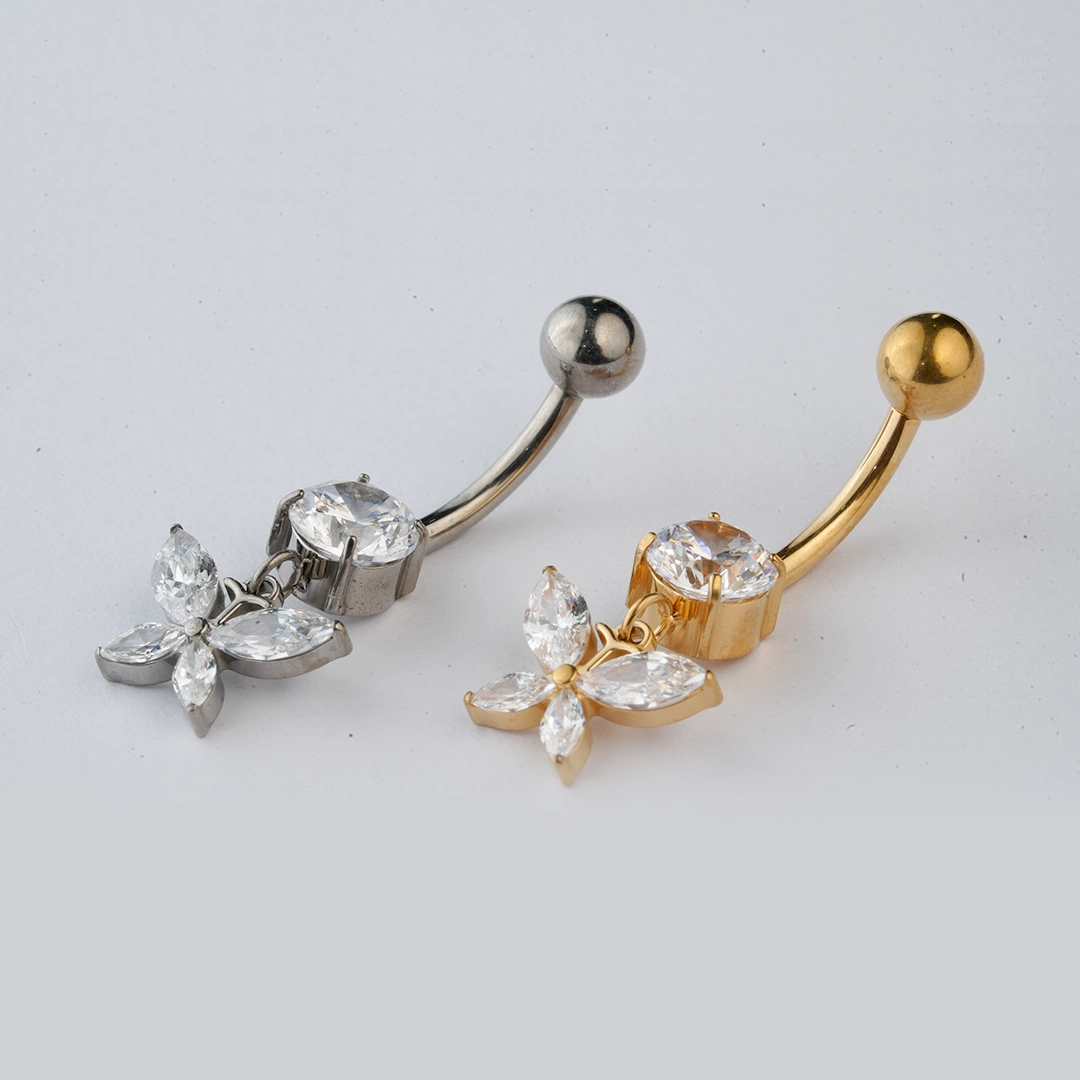 Butterfly dangle zircon ASTM F-136 titanium navel barbell in golden and silver