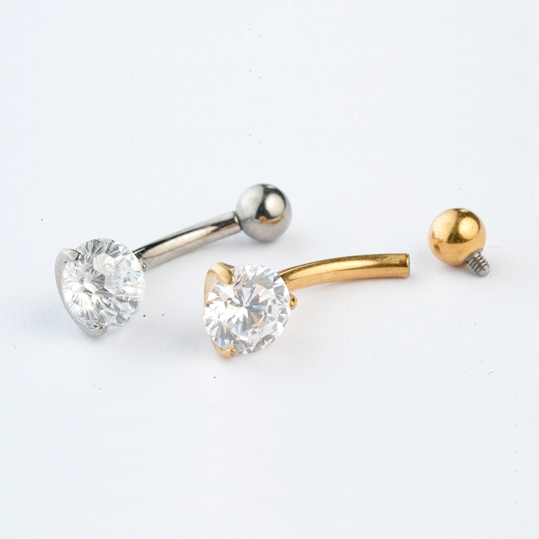 Classic solitaire zircon ASTM F-136 titanium navel barbell in golden and silver