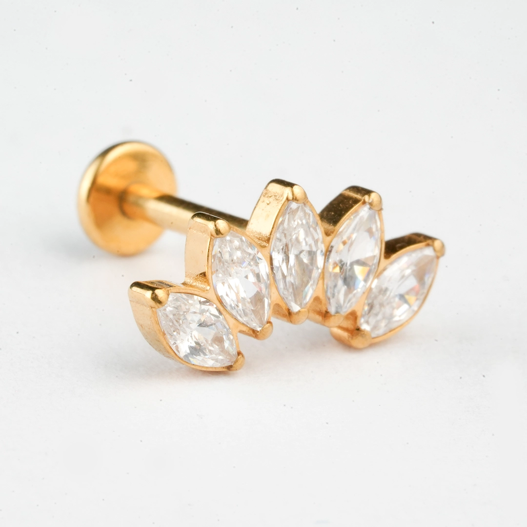 Five marquise crown zircon ASTM F-136 titanium flat-back labret studs in golden and silver