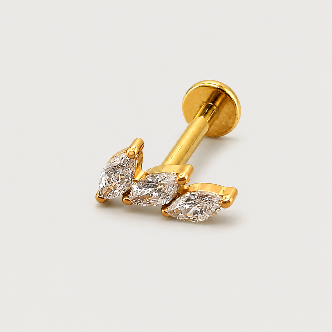Golden triple marquise zircon leaf ASTM F-136 titanium flat-back labret studs