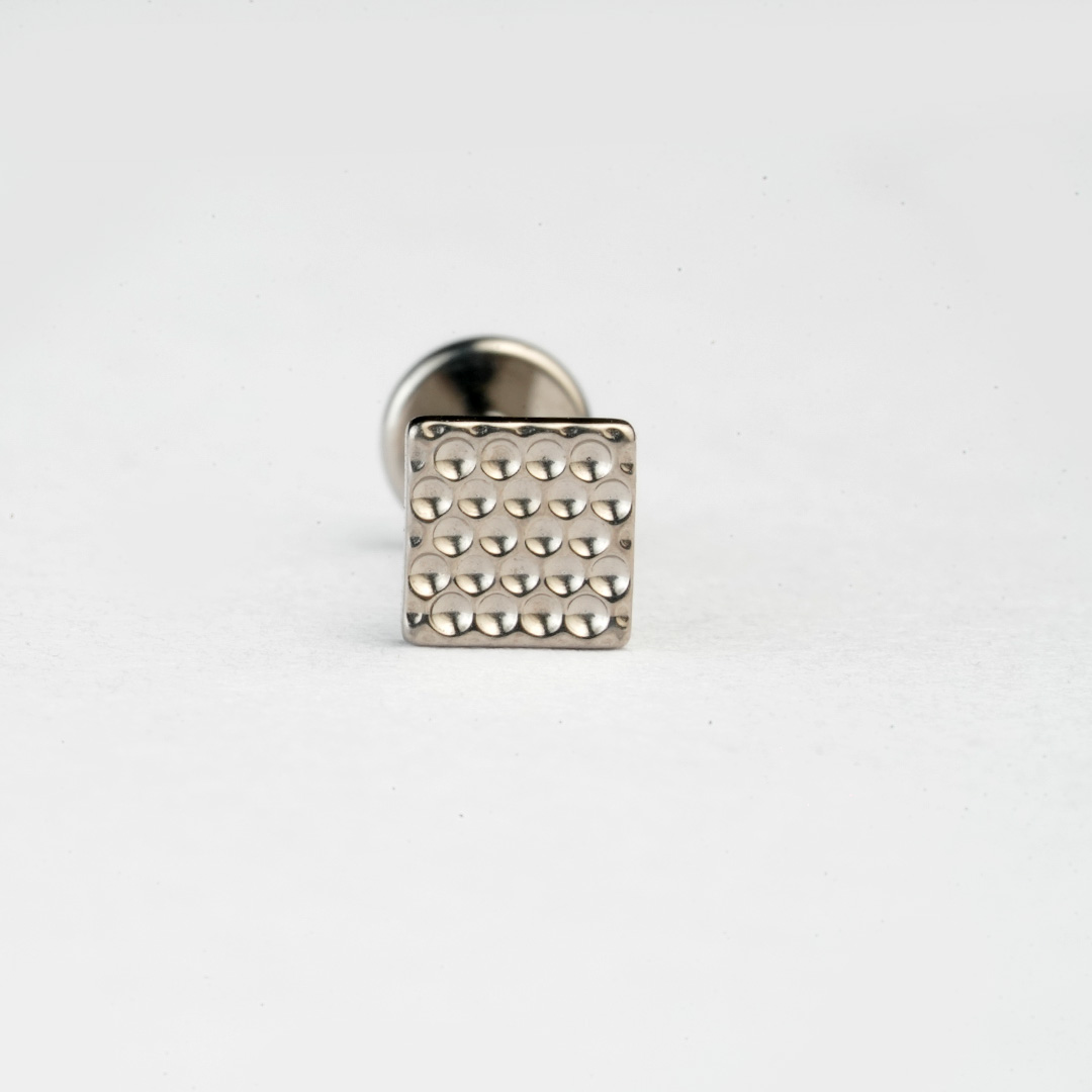 Silver textured square ASTM F-136 titanium flat-back labret stud