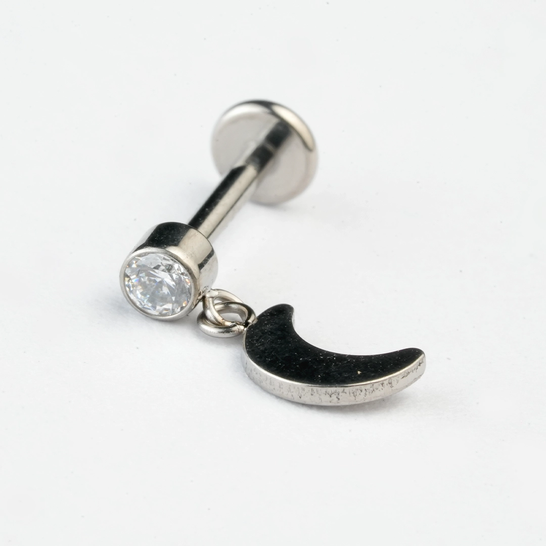 Crescent moon dangle zircon ASTM F-136 titanium labret studs in silver