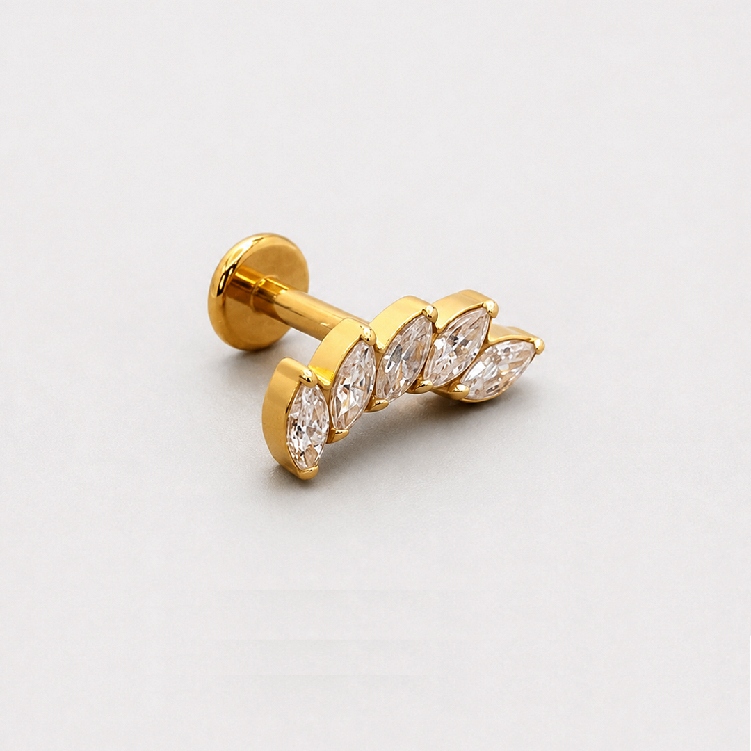Golden five marquise zircon curved leaf ASTM F-136 titanium flat-back labret studs