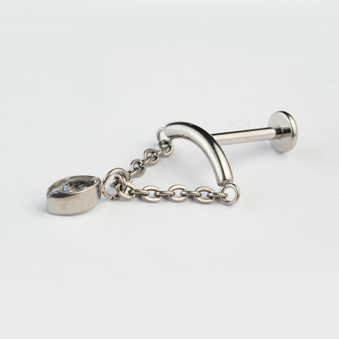 Golden and silver curved bar chain dangle zircon ASTM F-136 titanium flat-back labret studs