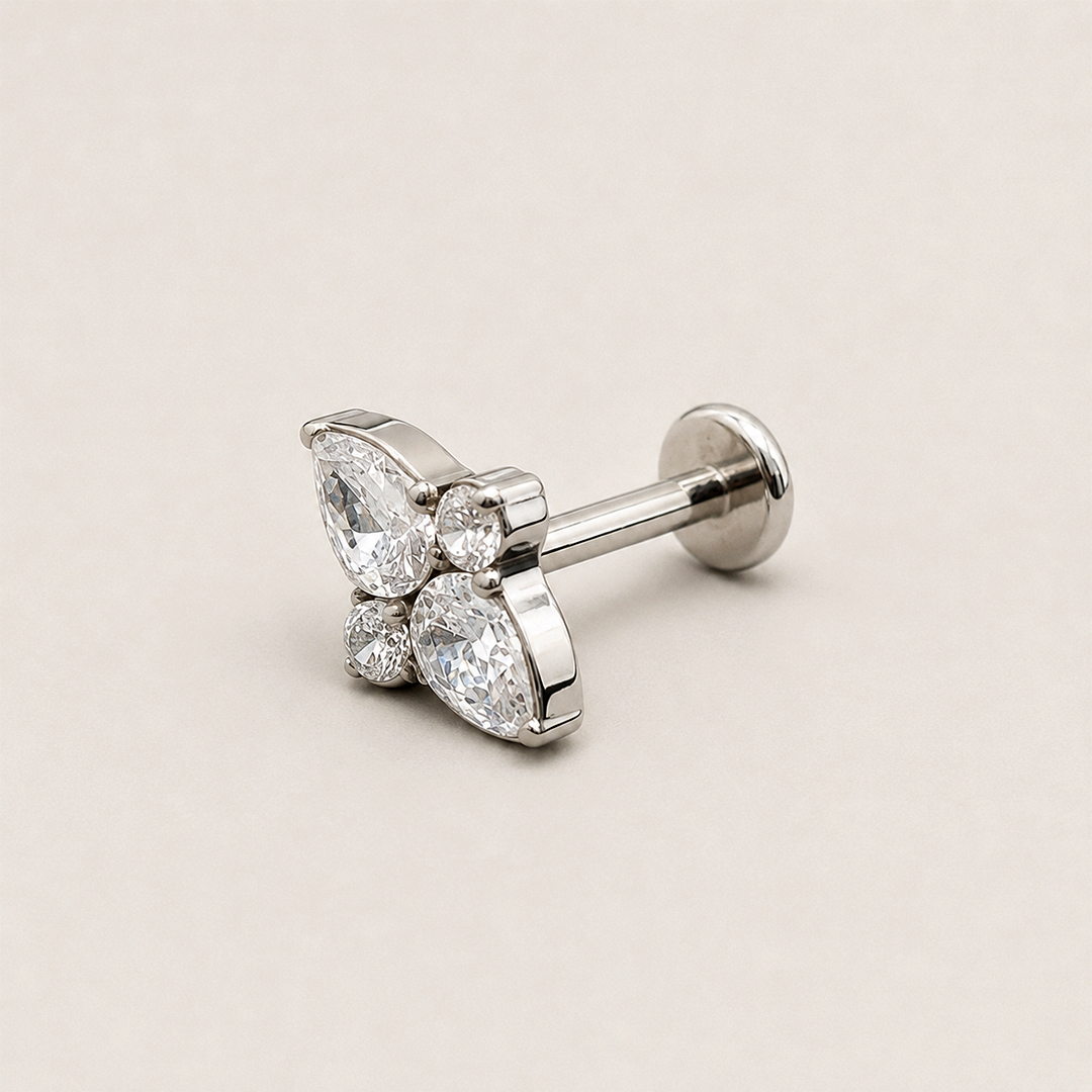 Silver four-stone butterfly zircon ASTM F-136 titanium flat-back labret studs