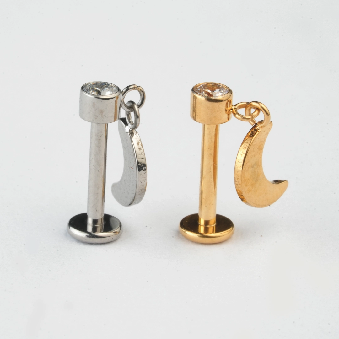Crescent moon dangle zircon ASTM F-136 titanium labret studs in golden and silver