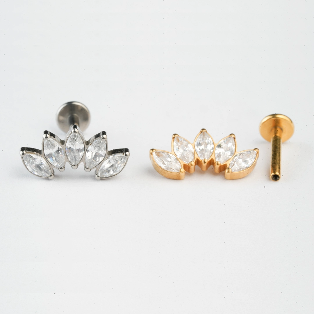 Five marquise crown zircon ASTM F-136 titanium flat-back labret studs in golden and silver