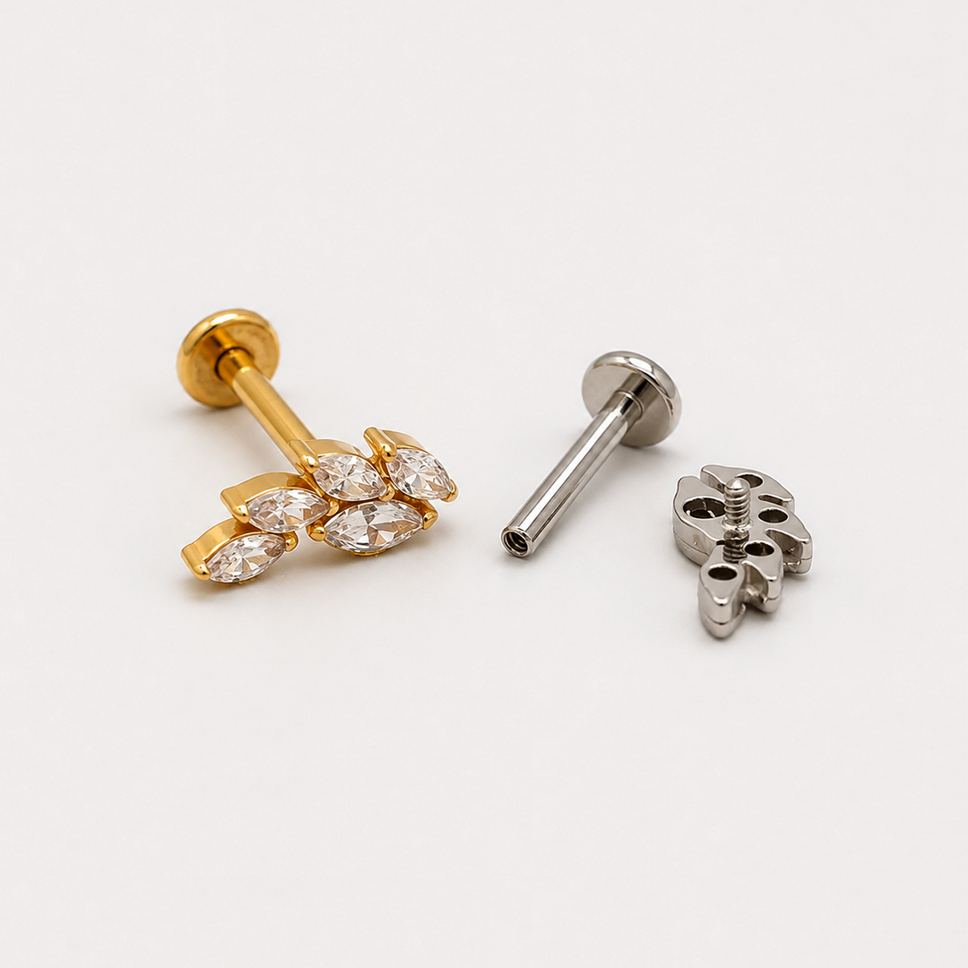 Golden and silver five-leaf marquise zircon ASTM F-136 titanium flat-back labret studs