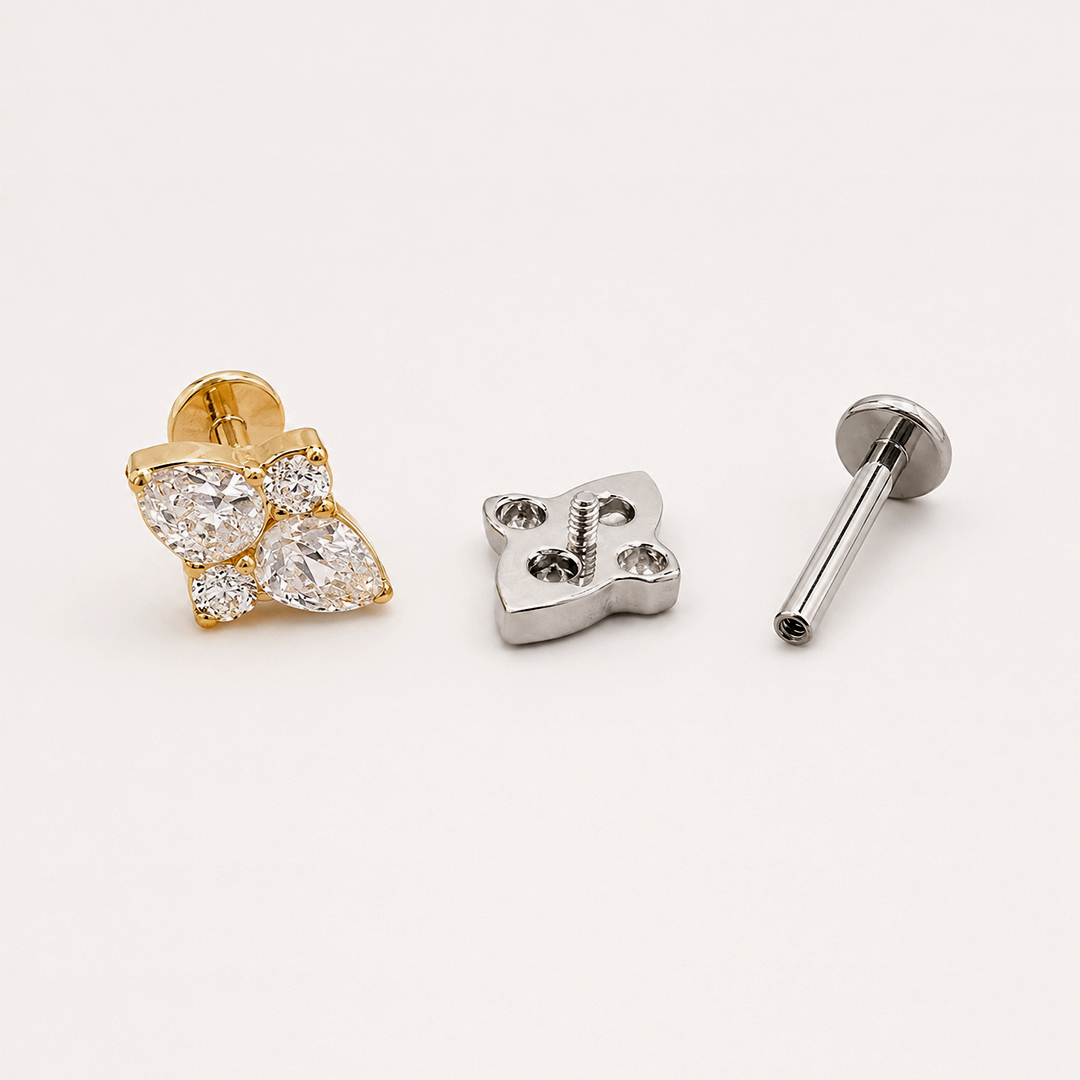 Golden and silver four-stone butterfly zircon ASTM F-136 titanium flat-back labret studs