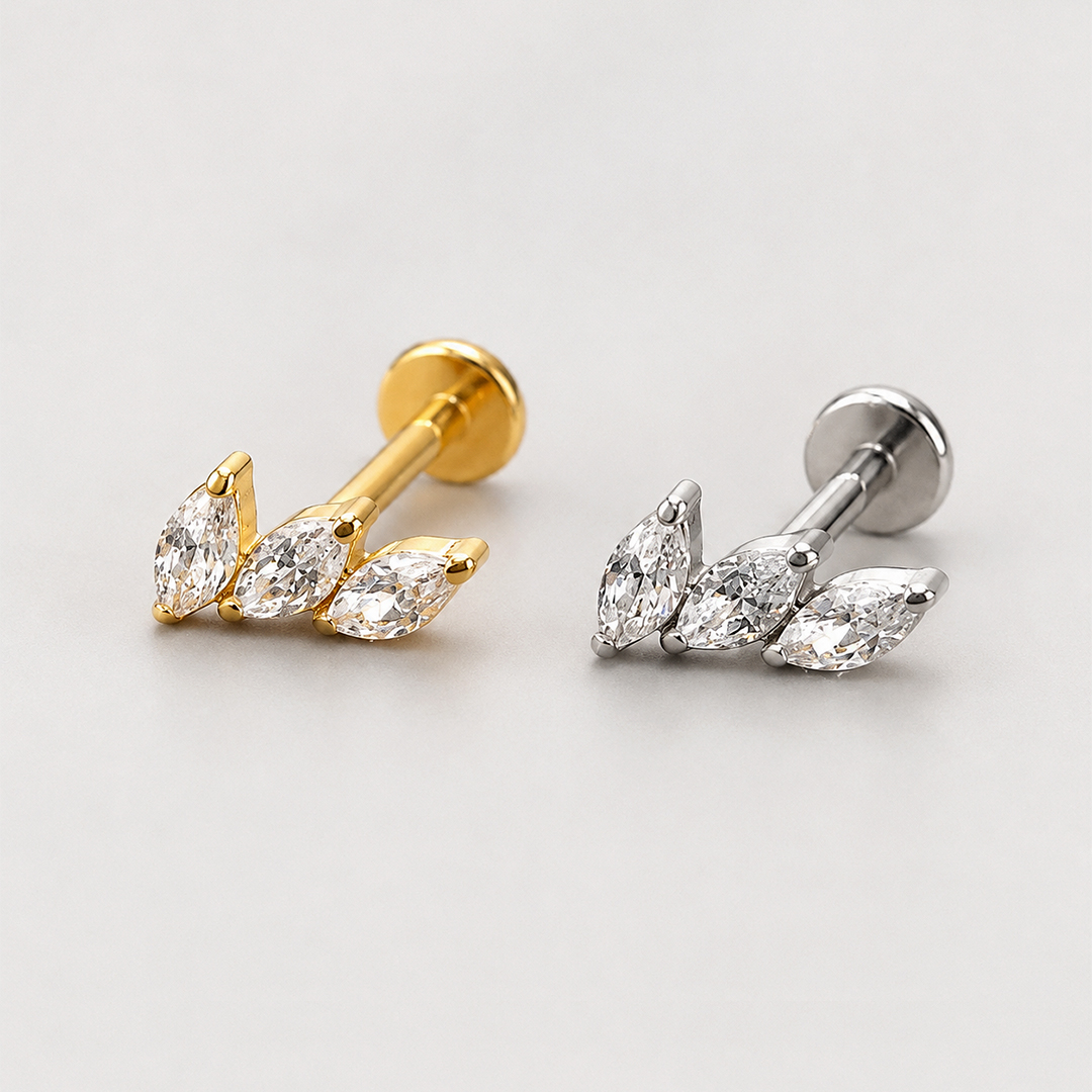 Golden and silver triple marquise zircon leaf ASTM F-136 titanium flat-back labret studs