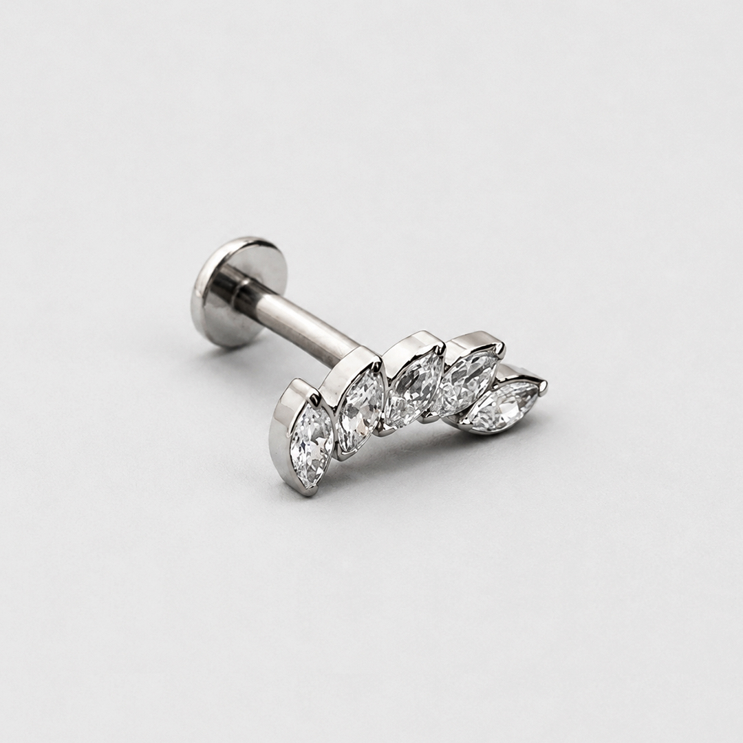Silver five marquise zircon curved leaf ASTM F-136 titanium flat-back labret studs