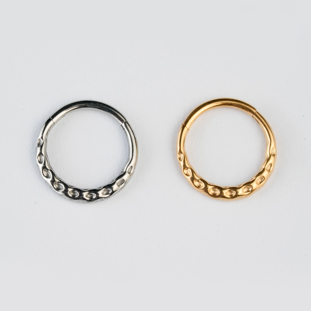 Golden and silver beaded-edge ASTM F-136 titanium hinged segment rings