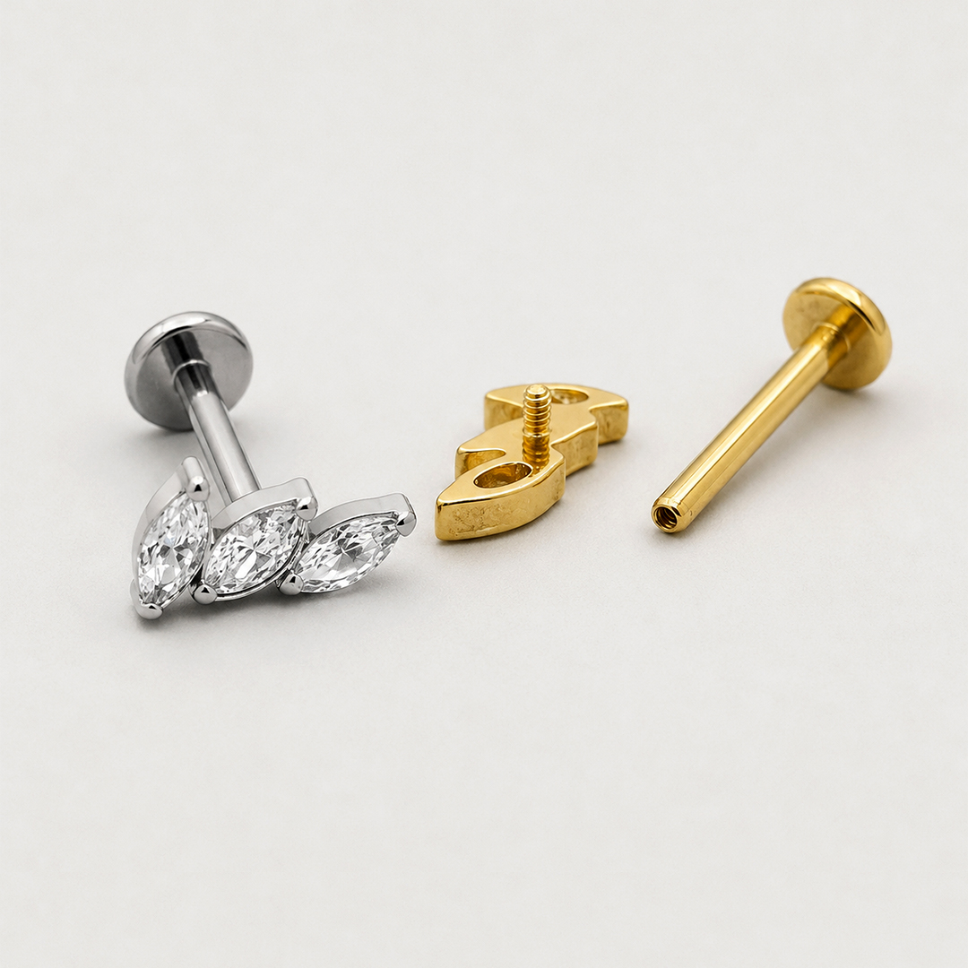 Golden and silver triple marquise zircon leaf ASTM F-136 titanium flat-back labret studs
