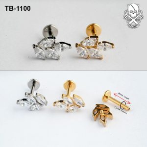 Four-leaf marquise zircon ASTM F-136 titanium labret in golden and silver