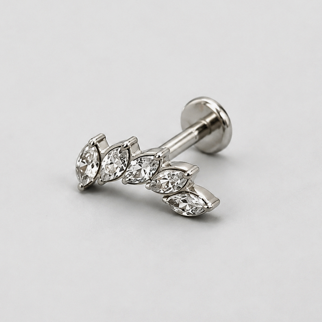 Silver five marquise zircon curved leaf ASTM F-136 titanium flat-back labret studs