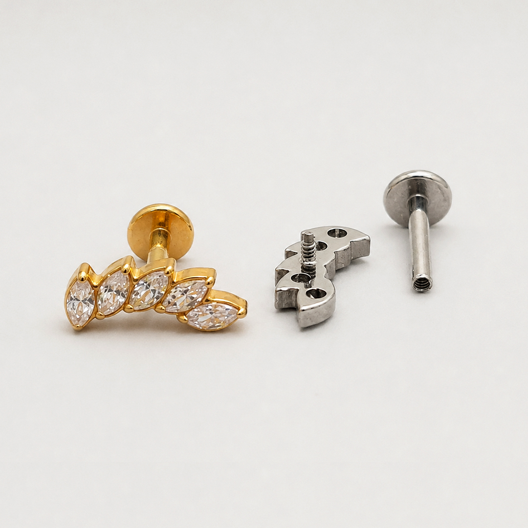 Golden and silver five marquise zircon curved leaf ASTM F-136 titanium flat-back labret studs
