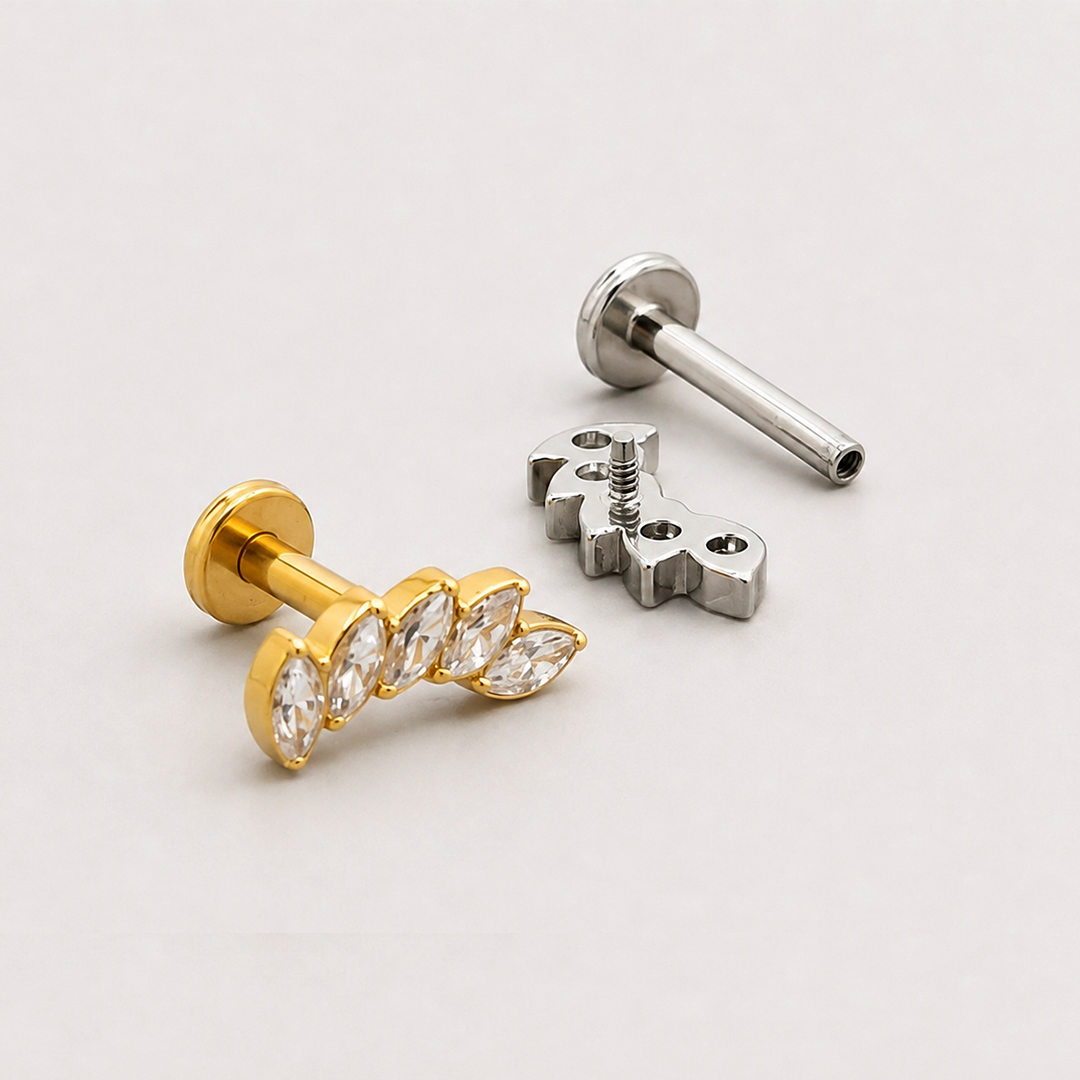 Golden and silver five marquise zircon curved leaf ASTM F-136 titanium flat-back labret studs