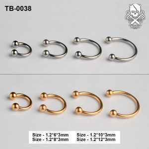 Golden and silver ball-end ASTM F-136 titanium circular barbells in four sizes