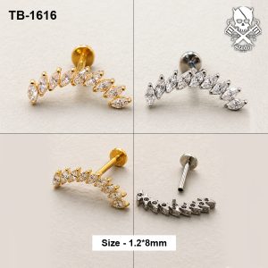 Golden and silver marquise leaf arc zircon ASTM F-136 titanium flat-back labret studs