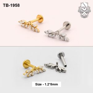 Golden and silver twin leaf branch zircon ASTM F-136 titanium flat-back labret studs
