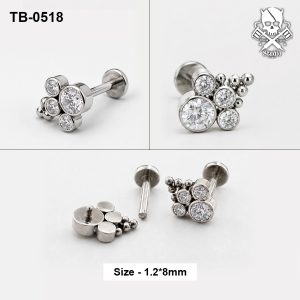 Silver graduated bezel zircon and bead cluster ASTM F-136 titanium flat-back labret stud