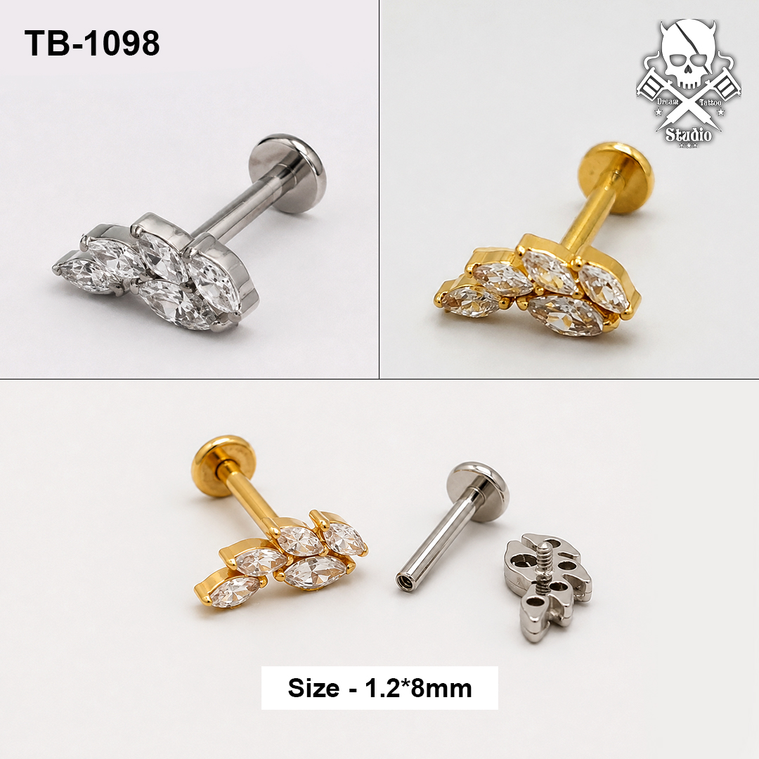 Golden and silver five-leaf marquise zircon ASTM F-136 titanium flat-back labret studs