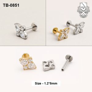 Golden and silver four-stone butterfly zircon ASTM F-136 titanium flat-back labret studs