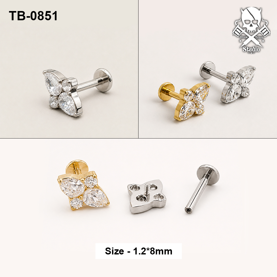 Golden and silver four-stone butterfly zircon ASTM F-136 titanium flat-back labret studs