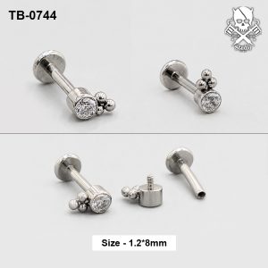 Silver trio bead solitaire zircon ASTM F-136 titanium flat-back labret stud