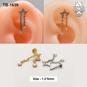 Golden and silver pavé star double-chain zircon ASTM F-136 titanium labret studs